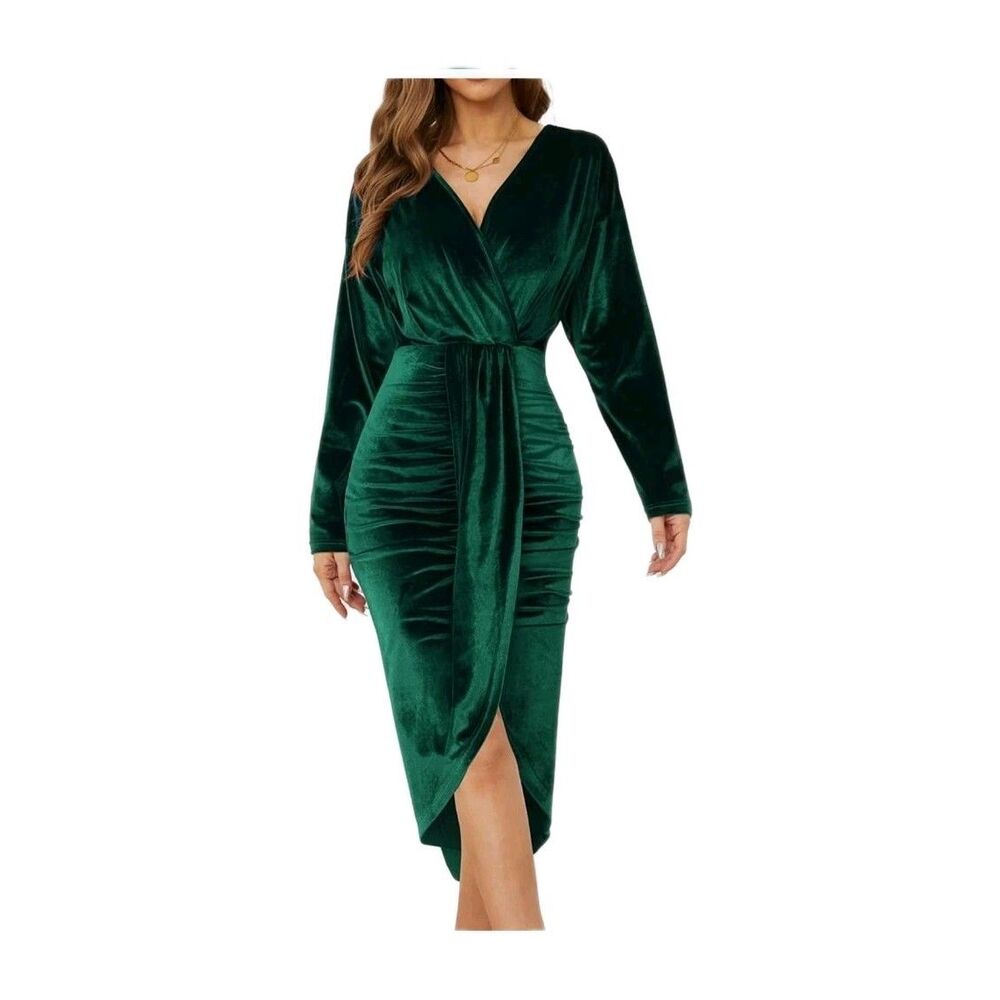 NWT Nipami Emerald Green Velvet Feel Maxi Dress L V-Neck Long Sleeve Holiday